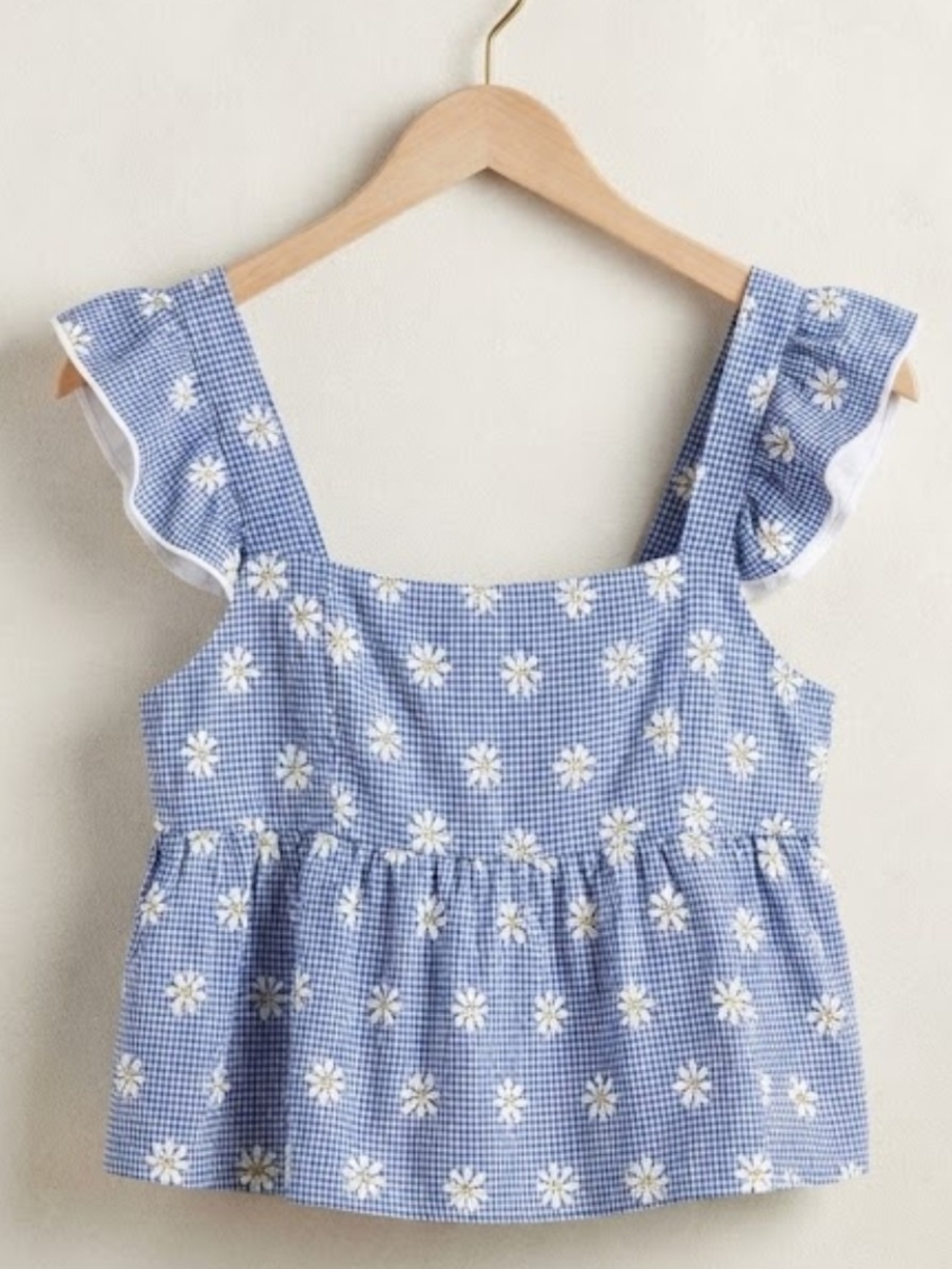 SHEIN Blue Gingham Daisy Ruffle Strap Tank Top